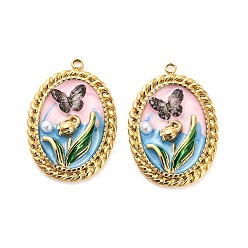 Розовый 304 нержавеющей стальной эмали подвески, Со смолой и имитацией жемчуга, Овальный с цветком и бабочкой, ионное покрытие (ip), реальный 18 k позолоченный, туманная роза, 30x21x4 мм, отверстие : 1.8 мм