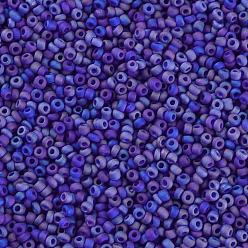 Dark Blue 12/0 Grade A Round Glass Seed Beads, Transparent Frosted Style, AB Color Plated, Dark Blue, 2x1.5mm, Hole: 0.8mm, about 30000pcs/bag