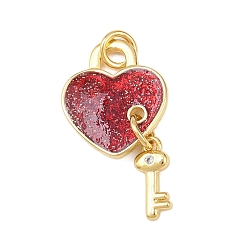 Темно-Красный Латунные микропаве прозрачные подвески с фианитом, сердце с ключом, Эмаль стиле, с пудрой Jump & Glitter, кольцо, без кадмия и без свинца, стойки покрытие, долговечный, реальный 18 k позолоченный, темно-красный, 25x14x2 мм, отверстие : 3 мм