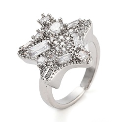 Платина Латунные кольца с микро-паве и звездами из кубического циркония, открытые манжеты для женщин, долговечный, без кадмия и без свинца, платина, регулируемый