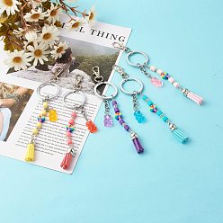 Mixed Color Polymer Clay Heishi Beaded Keychain, with Suede Cord Tassel and Resin Bear Pendants, 304 Stainless Steel Findings and Iron Ring, Mixed Color, 16.8cm