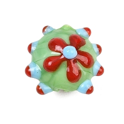 Бледно-Зеленый Ручной работы ухабистым Шарики Lampwork, RONDELLE с цветочным узором, бледно-зеленый, 15.5x17.5x13 мм, отверстие : 1.6 мм