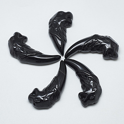 (946F)Морозный цвет внутри  Жонкиль / Непрозрачная зеленая подкладка Большие подвески из натурального окрашенного и нагретого черного агата, Форма зуба волка, 49~53x22~24x9~13 мм, отверстие : 1 мм