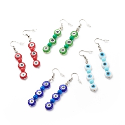 Mixed Color Lampwork Evil Eye & Acrylic Beaded Dangle Earrings, Brass Jewelry for Women, Mixed Color, 65mm, Pin: 0.7mm