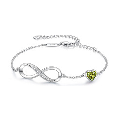 Светло-зеленый Коричневый Бесконечность и сердце 925 браслеты из стерлингового серебра с кубическими циркониями, браслеты-цепочки для женщин, серебряные, оливковый, 5-3/4 дюйм (14.5 см)