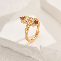 Красный Латунные микропаве кубические цирконии геометрические регулируемые кольца для женщин, шестиугольник, золотые, красные, 19x7.5 мм, внутренний диаметр: регулируемый