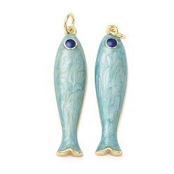Небесно-голубой Латунные подвески, рыба, с эмалью, реальный 18 k позолоченный, без кадмия и без свинца, стойки покрытие, долговечный, с целью перехода в кольце, голубой, 34x8x4.5 мм, отверстие : 3.2 мм