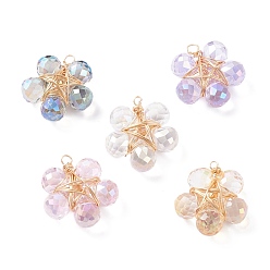 Light Gold Wire Wrapped Glass Pendants, with Brass Findings, AB Color Plated, Faceted, Flower Charms, Mixed Color, Light Gold, 25x23x8mm, Hole: 2.5mm