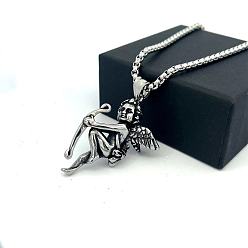 Нержавеющая Сталь Цвет 304 Кулон в виде ангела из нержавеющей стали в стиле панк-ретро для мужчин, цвет нержавеющей стали, 23.62 дюйм (60 см), Кулон: 48x33 мм