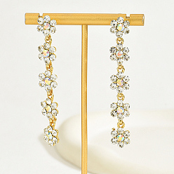 Clear Real 18K Gold Plated Brass Micro Pave Cubic Zirconia Dangle Stud Earrings for Women, Flower, Clear, 68x10mm