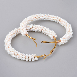 Белый Серьги из 304 нержавеющей стали, серьги-кольца с бусинами, со стеклянными бисеринами, золотые, белые, 66x70x8 мм, штифты : 0.7x1 мм