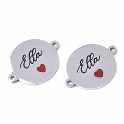 Нержавеющая Сталь Цвет 201 соединительные звенья эмалированные нержавеющие, на день Святого Валентина, плоские круглые с сердцем и словом, красные, цвет нержавеющей стали, 16x21x1 мм, отверстие : 1.4 мм