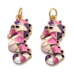 Ярко-Розовый Латунь эмаль подвески, с целью перехода в кольце, долговечный, реальный 18 k позолоченный, морской конек, ярко-розовый, 24x11x3.7 мм, отверстие : 3.8 мм