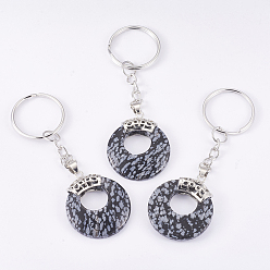 Снежный Обсидиан Брелок из натурального снежного обсидиана, с металлизированными кольцами из платины и латунными находками, плоско-круглые, 84 мм