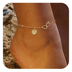 Letter B Латунные двойные сердечки плоские круглые инициалы браслеты на ногу для женщин, золотые, В письме, 9-1/8 дюйм (230 мм)