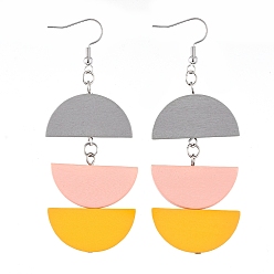 Gray Semicircle Wood Dangle Earrings, with Iron Findings and Brass Earring Hooks, Half Round, Gray, 80mm, Pin: 0.7mm