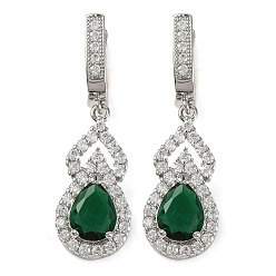 Темно-Зеленый Серьги-кольца из латуни с микропаве и кубическим цирконием в форме тыквы, платина, темно-зеленый, 37x11 мм