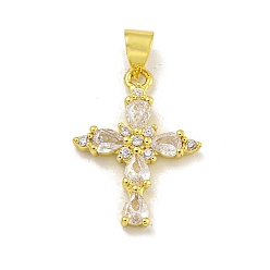 Прозрачный Стойка металлическая латунная микропрофилированная кубическая циркония подвески, долговечный, реальный 18 k позолоченный, без свинца и без кадмия, крестик, прозрачные, 21x15x3 мм, отверстие : 4x3 мм