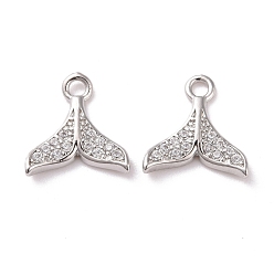 Platinum Brass Micro Pave Clear Cubic Zirconia Charms, Cadmium Free & Lead Free, Fishtail Shaped, Platinum, 11x10.5x2mm, Hole: 1.6mm