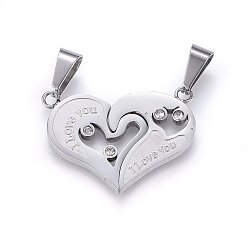 Edelstahl Farbe 304 Stahl Split-Anhänger Edelstahl, mit Strass, Herz mit Wort ich liebe dich, für den Valentinstag, Edelstahl Farbe, 23x32x3 mm, Loch: 10x5 mm, eine Seite: 23x20x3 mm, andere Seite: 23x18x3 mm