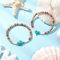 Темно-бирюзовый 2шт. браслеты из натурального кокоса с морскими звездами и черепахами и синтетическими бирюзовыми бусинами для мужчин и женщин, темные бирюзовый, внутренний диаметр: 2 дюйм (5 см)