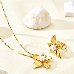 Золотой 304 Ожерелья и кольца из нержавеющей стали с подвесками из пластиковых жемчужин, цветок, золотые, колье: 16.93 дюйм (43 см)