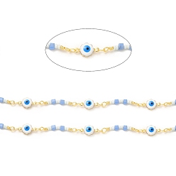 Golden Brass Enamel Flower with Evil Eye Link Chains, with Light Sky Blue Glass Beaded, Soldered, with Spool, Golden, 23x3x2.5mm, 11x6.5x4mm