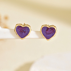 Фиолетовый Серьги-гвоздики в форме сердца из нержавеющей стали, реальный 18 k позолоченный, фиолетовые, 12x11 мм