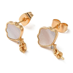 Real 18K Gold Plated Brass Shell Stud Earring Findings, with Peg Bails for Half Drilled Beads, Cloud, Real 18K Gold Plated, 16x10mm, Pin: 0.5~0.6mm