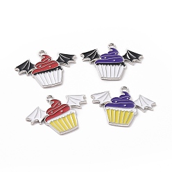 Platinum Alloy Enamel Pendants, Cake with Bat Charm, Platinum, 22x29.5x1.5mm, Hole: 1.8mm