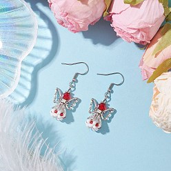 Красный Серьги-подвески из стеклянных бусин ручной работы в виде ангела для женщин, 304 нержавеющей стали серьги крюков, античное серебро, красные, 44.5x18 мм