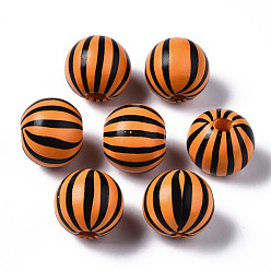Black Painted Natural Wood European Beads, Large Hole Beads, Printed, Round with Stripe, Black, 16x15mm, Hole: 4mm