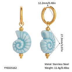 Others 304 Stainless Steel Hoop Earrings, Handmade Procelain Dangle Earrings for Women, Golden, Conch Shape, 27.3mm