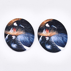 Colorful Printed Wooden Big Pendants, Dyed, Oval with Bird, Colorful, 63x50x2.5mm, Hole: 1.2mm