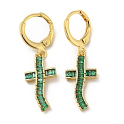 Green Golden Brass Dangle Leverback Earrings, with Glass, Cross, Green, 33.5x10mm