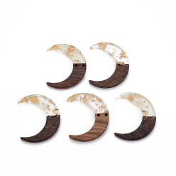 Clear 2-Hole Resin & Walnut Wood Buttons, with Glitter Sequins/Paillette, Moon, Clear, 38x31x2~3mm, Hole: 2mm