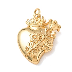 Golden Brass Pendants, Sacred Heart with Flower Charms, Golden, 24.5x20x7mm, Hole: 3mm