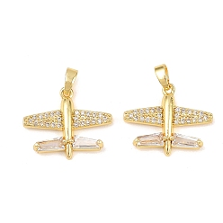 Настоящее золото 18K Латунные микропаве прозрачные подвески с фианитом, прелести самолета, реальный 18 k позолоченный, 17x20x3.5 мм, отверстие : 4.5x2.5 мм