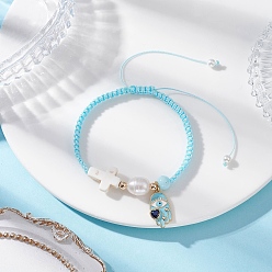 Синий Латунь эмаль шарм браслеты, Женские плетеные браслеты из бусин из синтетической бирюзы и натурального говлита, Хамса рука с подвесками в виде сердечек, с натуральным культивированным пресноводным жемчугом, стойки покрытие, синие, внутренний диаметр: 2 дюйм (5 см) ~ 3-1/2 дюйм (9 см)
