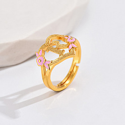 Letter R Регулируемые кольца для пальцев с латунным жемчугом и розовой эмалью в форме сердца и цветка, без кадмия, без никеля и без свинца, золотые, Буква R, 14 мм, внутренний диаметр: 17 мм