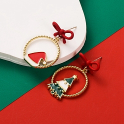 Green Alloy Enamel Dangle Stud Earrings, Christmas Asymmetrical Earrings for Women, with Sterling Silver Pin, Green, 37x12mm