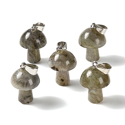 Labradorite Natural Labradorite Pendants, Mushroom Charms, with 304 Stainless Steel Snap on Bails, Stainless Steel Color, 24~25x16mm, Hole: 7.5x4mm
