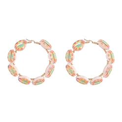 Orange 304 Stainless Steel Hoop Earrings, with Printed Cowrie Shell Beads and Eco-Friendly Copper Wire, Golden, Orange, 74x16mm, Pin: 0.6x1mm