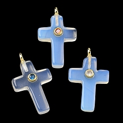 Опал Opalite подвески, Подвески в виде креста с фурнитурой из латуни, инкрустированной микрофиброй (случайного цвета)., золотые, 30x17.5~18x6.5~7 мм, отверстие : 2.7 мм