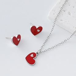 Red 304 Stainless Steel Enamel Heart Pendant Necklace & Stud Earrings Set for Women, Golden, Red, 450mm