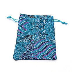 Темный Голубой Шелковые мешки, сумка для шнурка, прямоугольник с волны шаблон, темные голубые, 14.2x10x0.4 см