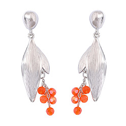 Platinum Zinc Alloy Leaf Stud Dangle Earrings with Rhinestone Tassel, Platinum, 75x20mm