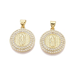 Настоящее золото 18K Религиозные латунные подвески с микропаве из прозрачного кубического циркония, плоский круглый с подвесками Девы Марии, реальный 18 k позолоченный, 20x18x3 мм, отверстие : 5x3 мм