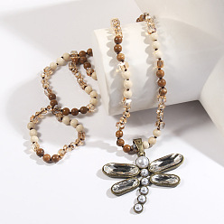 Пейзажный Джаспер Подвеска в виде стрекозы из искусственного жемчуга из сплава, стеклянные и натуральные яшмовые круглые бусины для женщин, античная бронза, 33.86~34.65 дюйм (86~88 см)