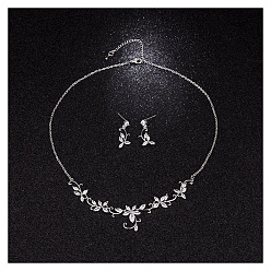 Прозрачный Комплекты серег и ожерелий из латуни с микропаве из прозрачных кубических цирконий, цветок и листья, прозрачные, 450 мм